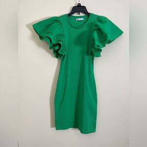 Zara Womens Green Ruffle Puff Sleeve Mini Dress BodyCon Girlhoodcore